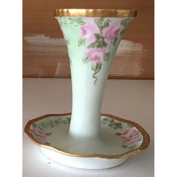 Antique Limoges Porcelain Hat Pin Holder Hand Painted Pink Flowers - Picture 2 of 5